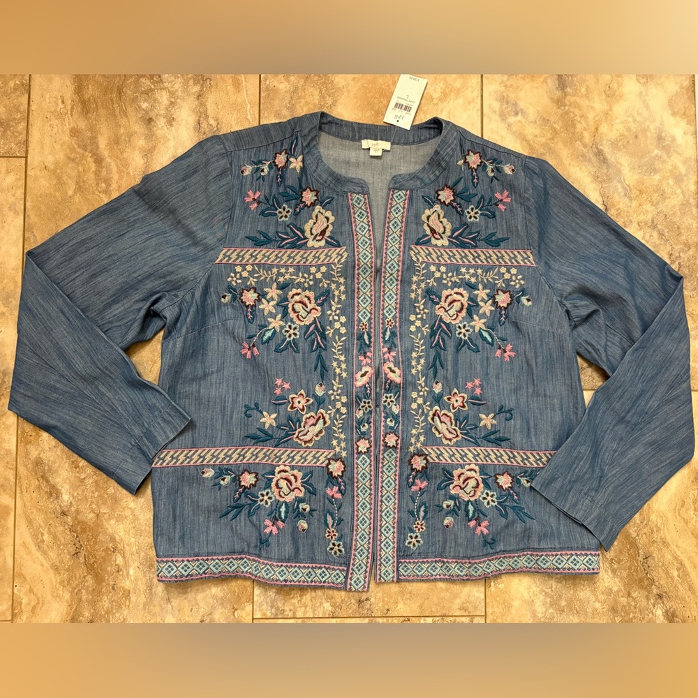 NWT J. Jill Floral Embroidered Open Front Lightweight Chambray Jacket Women’s Lg - Picture 6 of 14